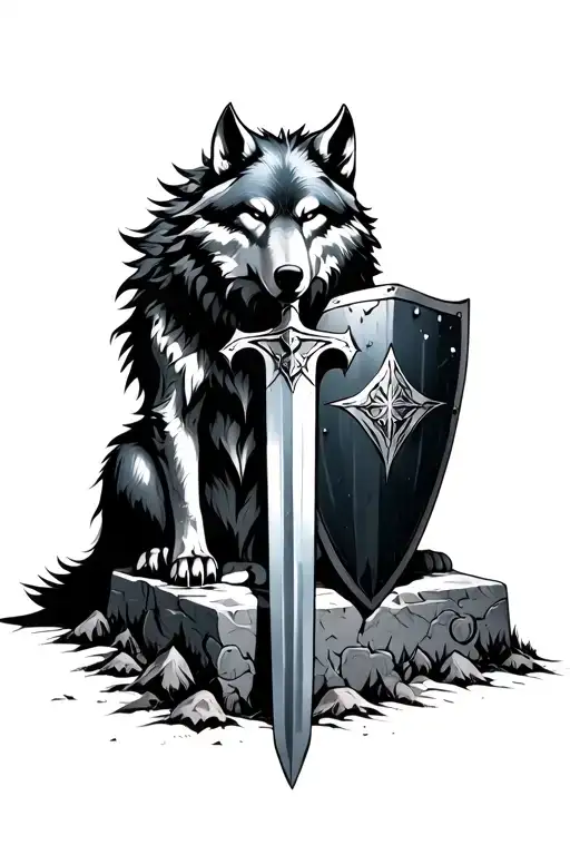 Great Wolf Sif Resting On Artorais' Grave With Artorias' Great Sword And Great Shield