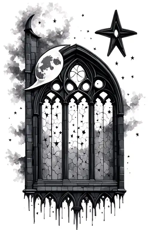 Gothic Church Window With Moon And Stars