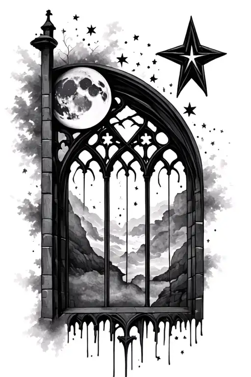 Gothic Church Window With Moon And Stars