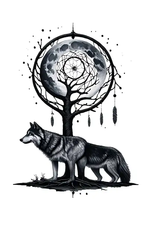 Moon 2 Wolves Tree Of Life And Dreamcatcher