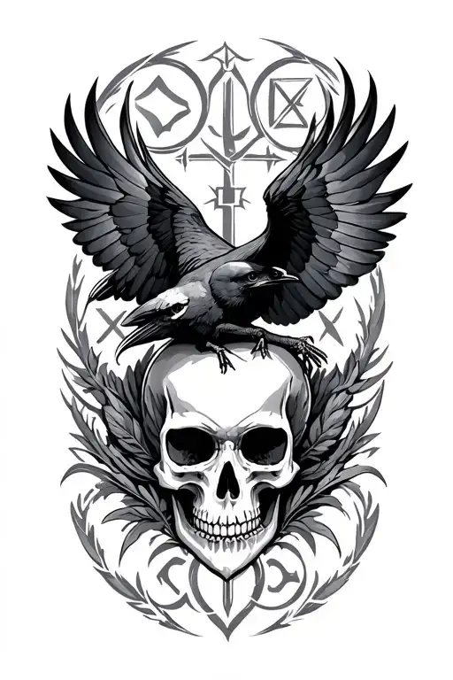 Skull Adorned Nordic Runes With Crow Flying