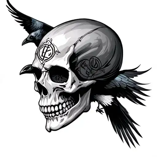 Skull With Runes And Crow Flying