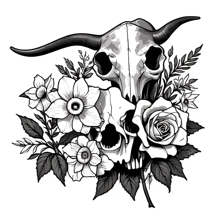 Daffodil And Rose Intertwining With A Longhorn Skull And Wildflowers