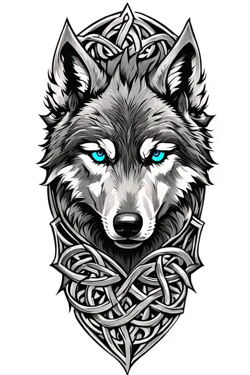 Wolf With Blue Eyes On Armor Tattoo Design Featuring Celtic Trinity Knot