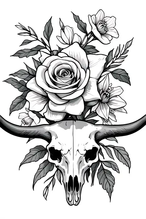 Daffodil And Rose Intertwining With A Longhorn Skull And Wildflowers