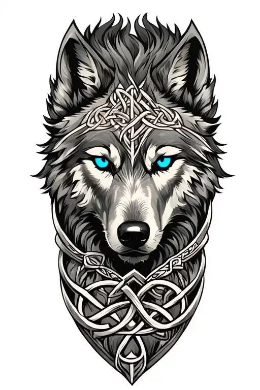 Wolf With Blue Eyes On Armor Tattoo Design Featuring Celtic Trinity Knot