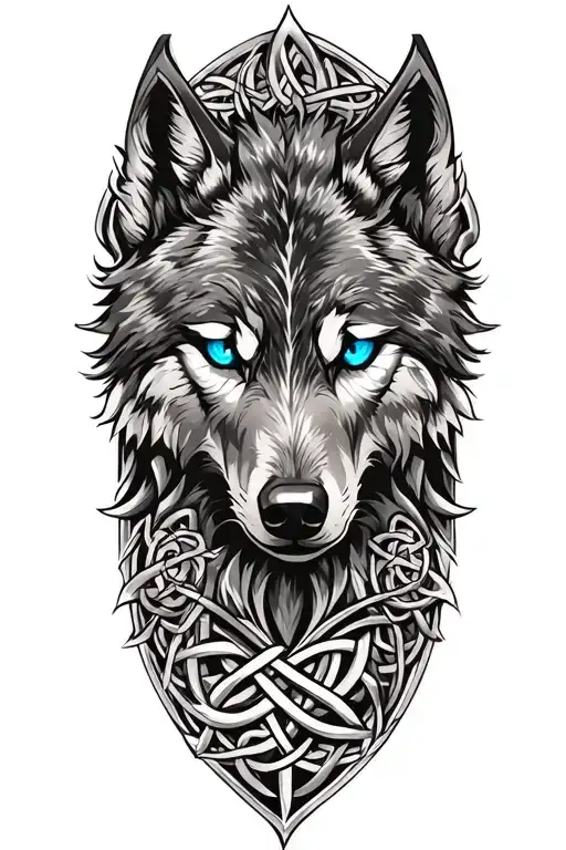 Wolf With Blue Eyes On Armor Tattoo Design Featuring Celtic Trinity Knot