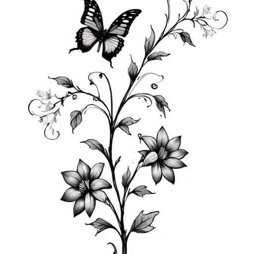 Vine With Butterfly 2 Cosmo Flowers And Two Larkspur Flowers