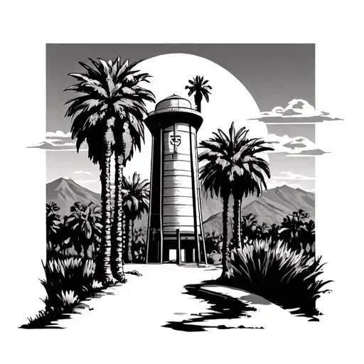 San Bernardino Santfe Whistle Colton Ca Water Tower And Palm Trees With Arrowhead Mountain