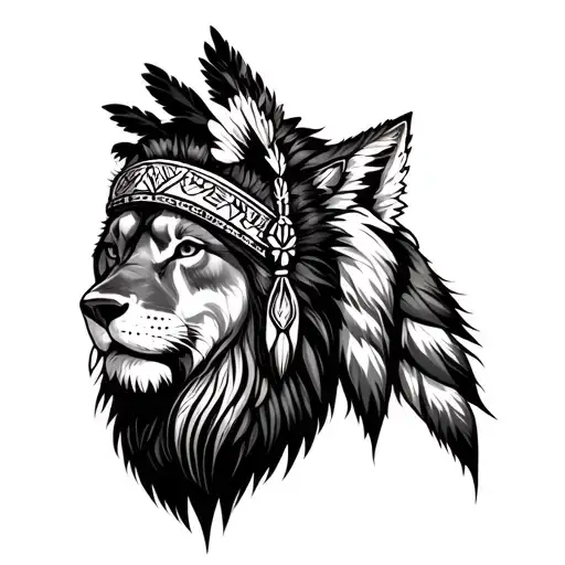 Lion Wearing Indian Headress And Half Wolf Sleeve
