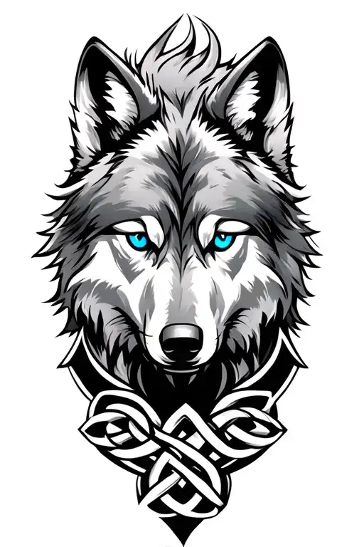 Wolf With Blue Eyes On Armor Tattoo Design Featuring Celtic Trinity Knot
