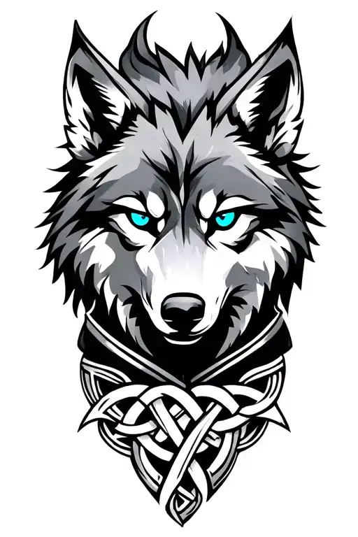 Wolf With Blue Eyes On Armor Tattoo Design Featuring Celtic Trinity Knot