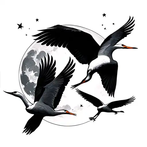 Cranes Flying Around Moon Intertwined