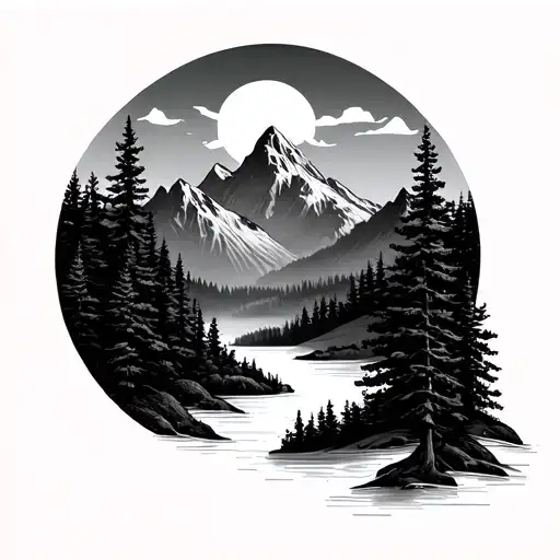 Minimalistic Forest And Mountains Contained In A Circle
