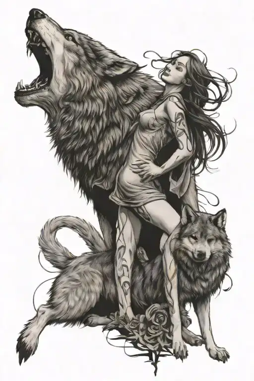 Wolf Standing Over A Girl Protecting Her