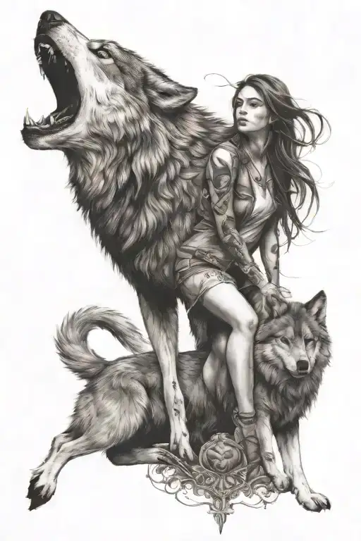 Wolf Standing Over A Girl Protecting Her