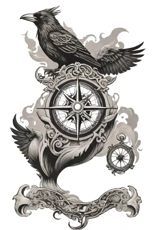 Black And Gray Nordic Sleeve Tattoo With Crows A Ship A Anchor And Compass