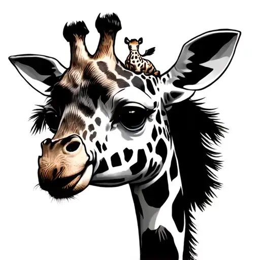 Cartoon Giraffe With Baby Giraffe Sat On Head