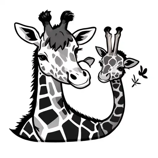Cute Full Body Cartoon Giraffe With Baby Giraffe Sat On Head