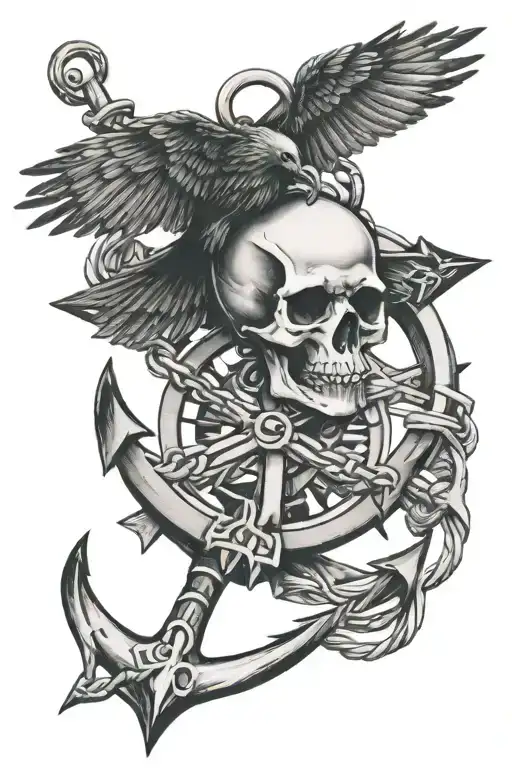Skull Crow Anchor Compass Rose Intertwined