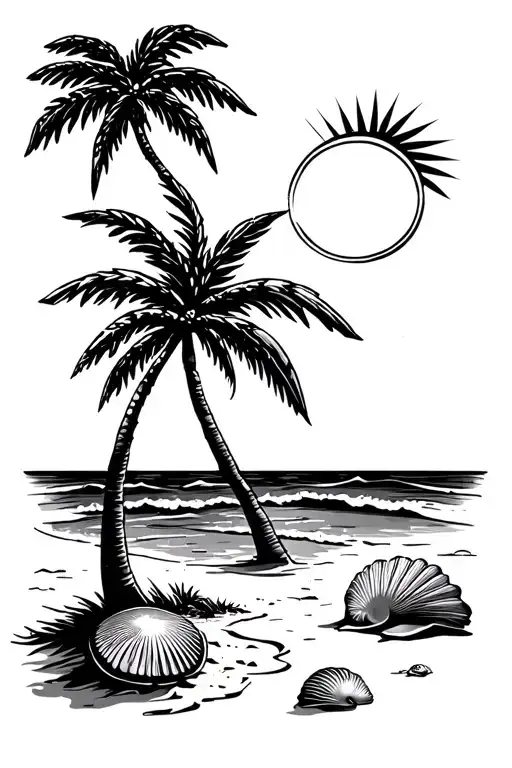 Beach With Palm Trees And A Sun And Some Shells