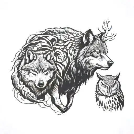 A Wolf And A Owl And A Bison