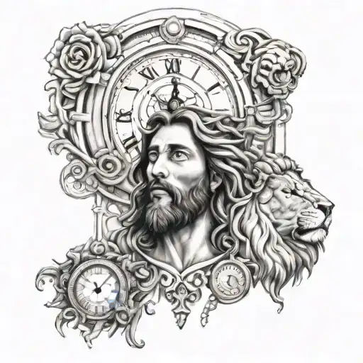 A Tattoo Of Jesus And A Lion And A Clock