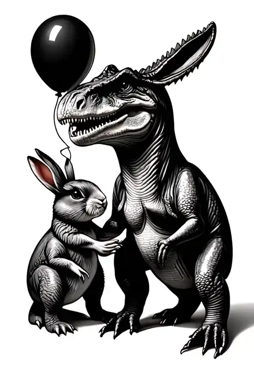 Baby Bunny And T Rex Holding A Balloon Each