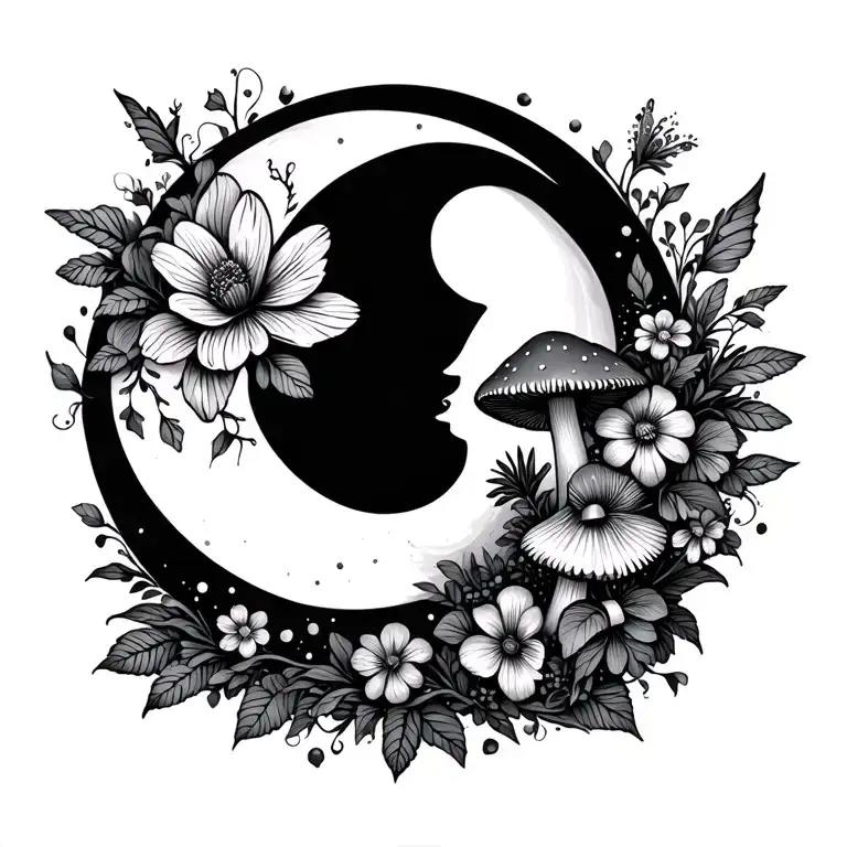 Whimsical Flowers With Moon And Mushrooms And Fairies