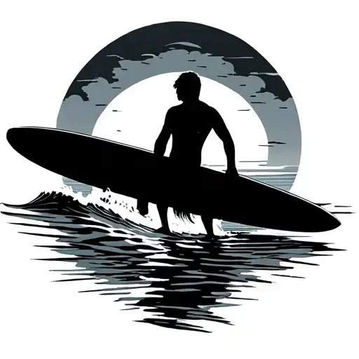 Surfer With A Sunset And His Board