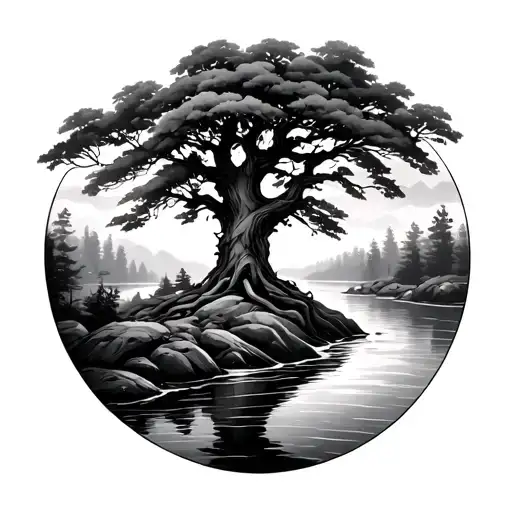 Tree Planted By A River Running