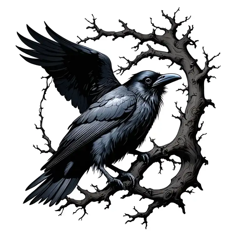 Raven Tattoo With Branches Stretching Towards