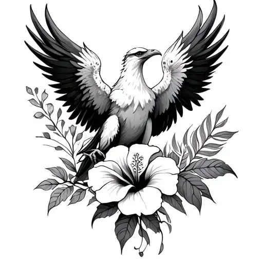 Phoenix Bird With Hibiscus Flower Intertwined In A Bohemian Style