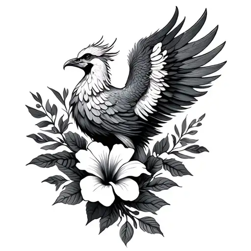 Phoenix Bird With Hibiscus Flower Intertwined In A Bohemian Style