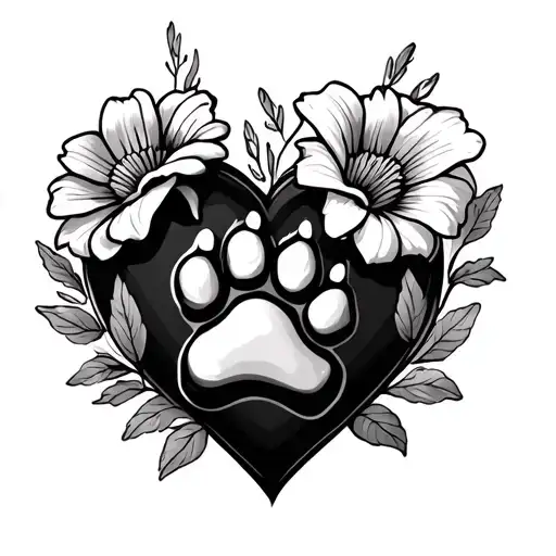 Heart With 2 Flowers Surrounding Dog Paw In Middle