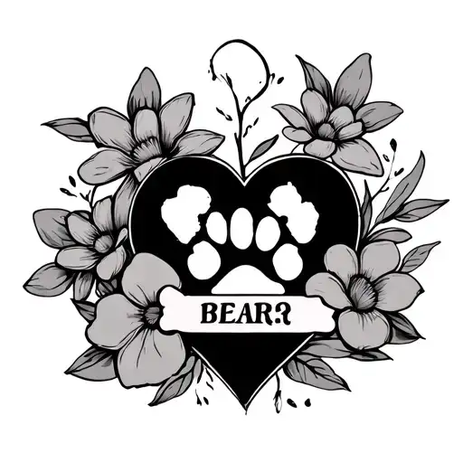 Heart With 2 Flowers Surrounding Dog Paw In Middle With Dog Bone And Name Bear