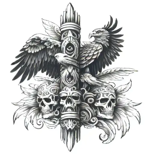 Totem Pole With Skulls And An Eagle Soaring