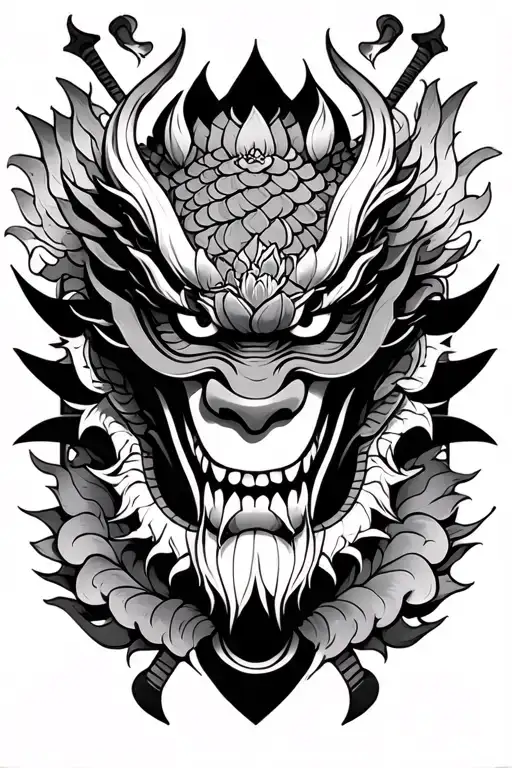 Oni Mask Surrounded By Dragon Scales With Lotus Flower And Katanas As Accent