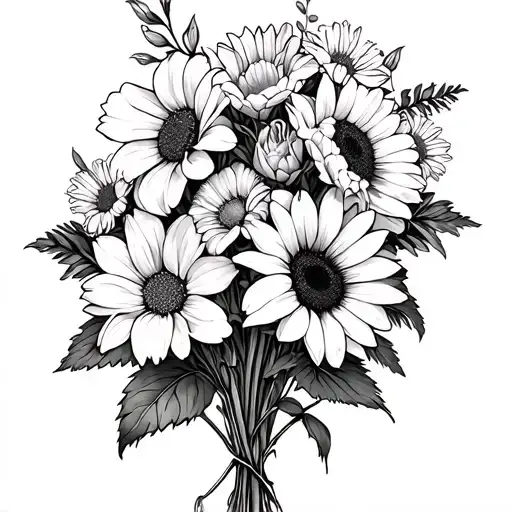 Rose Gladiola Sunflower And Daisy Bouquet Fine Line