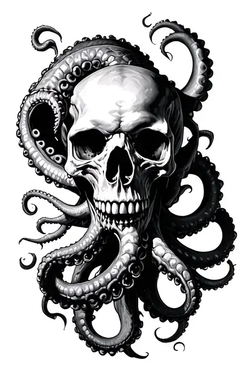 Create A Detailed Black-grey Tattoo Of A Kraken Engulfing A Skull With Tentacles