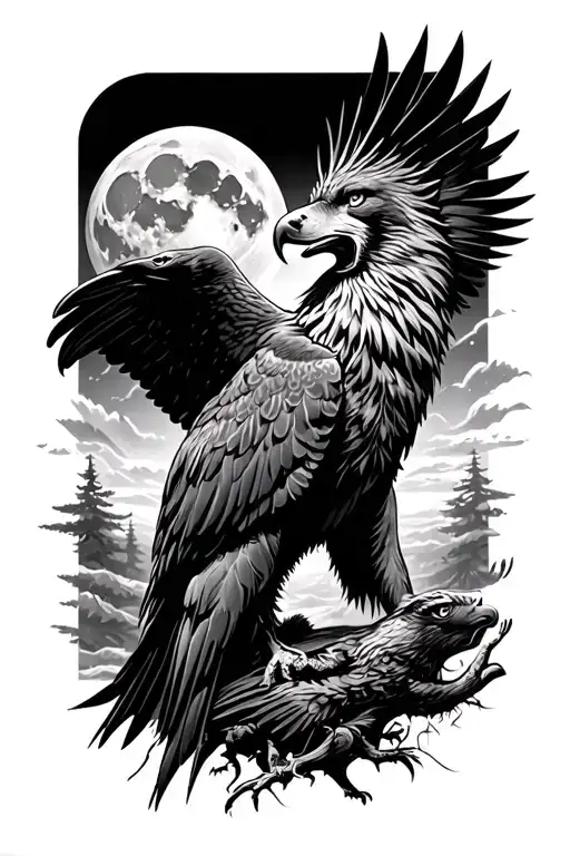 Eagle And Wolf Howling At The Moon
