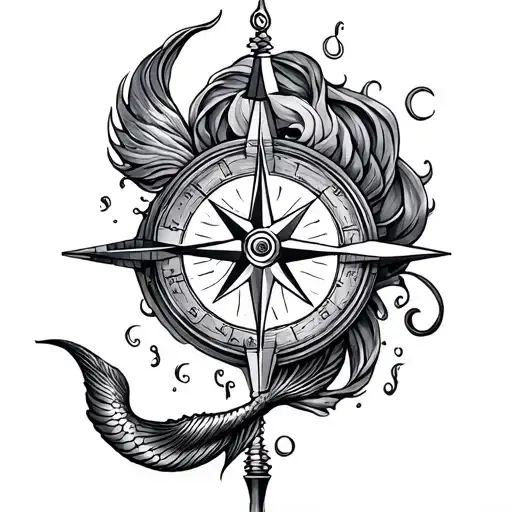 Compass With Mermaid Tail Intertwined