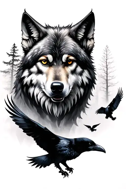 Wolf Misty Forest With Ravens Flying