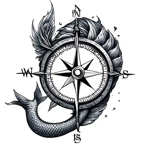 Compass With Mermaid Tail Intertwined