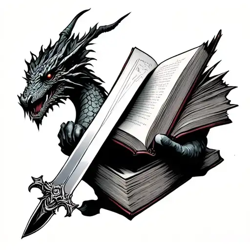 Fairytale Mystical Drafon Holding On A Sword Piercing A Book