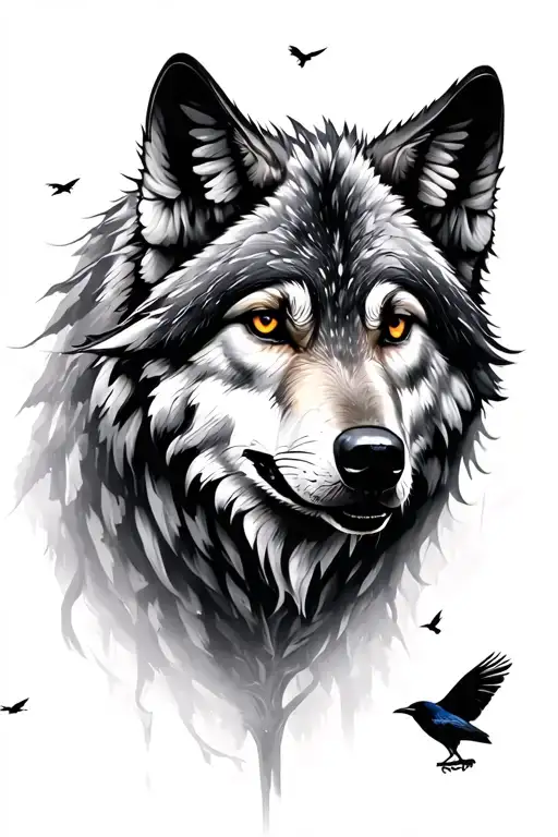 Wolf Misty Forest With Small Ravens Flying Away