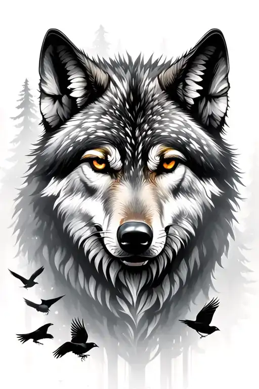 Wolf Misty Forest Trees With Small Ravens Flying Away