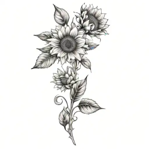 Stem With Flowers Petals And Leaves Sunflowers