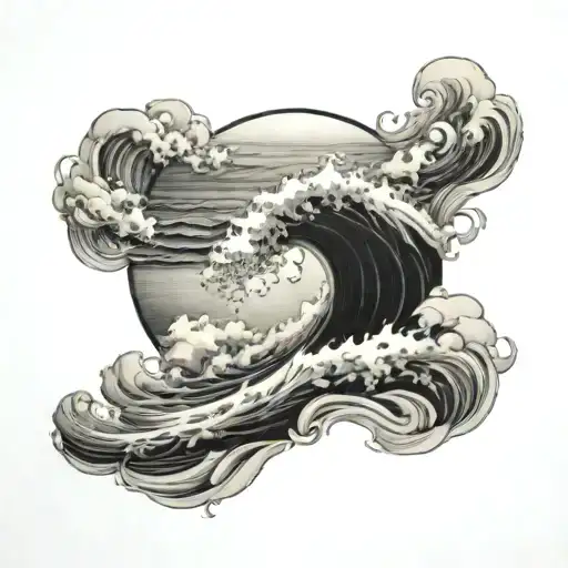 A Black-grey Tattoo Of A Peaceful Ocean View With Waves Crashing Against The Shore