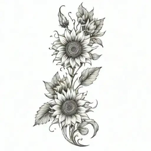 Stem With Flowers Petals And Sunflowers